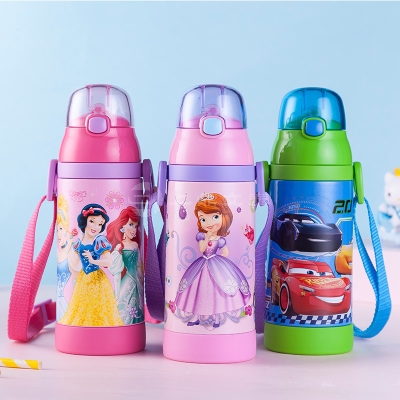 迪士尼儿童吸管水杯保温杯304不锈钢两用男女学生便携背带水壶