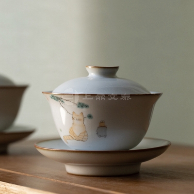 猫咪月白汝窑三才盖碗开片可养陶瓷功夫茶具简约家用泡茶碗冲茶器