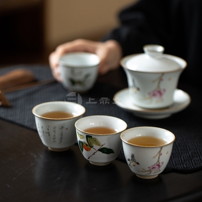 月白汝窑茶杯功夫品茗杯柿子陶瓷茶杯汝瓷开片主人杯单杯